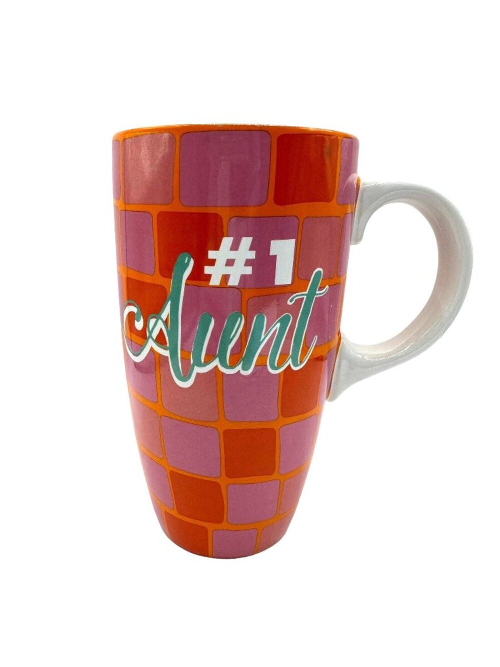 #1 Aunt Large Ceramic Mug Red Purple Orange Plaid Design Coffee Tea Cup 20 oz